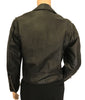black leather motorcycle style jacket with zipper front and attached belt at waist. with three pockets on front.
