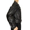black leather motorcycle style jacket with zipper front and attached belt at waist. with three pockets on front.