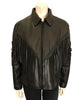 Black leather jacket with pointed collar, zipper front and long leather fringe across front. Additional decoration of silver tone metal concho discs. 