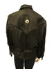 Black leather jacket with pointed collar, zipper front and long leather fringe across front. Additional decoration of silver tone metal concho discs.
