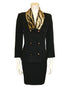 black two-piece suit with skirt. Jacket has faux fur, animal-print collar and double-breasted, pearlized buttons. Skirt is straight and knee-length.