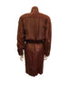 Front view on mannequin a two piece skirt and jacket in burgundy leather Jacket has gold studs on collar and front pockets. Skirt is straight and knee length. Jacket closes with six gold buttons