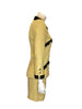 yellow, wool, two-piece jacket & skirt with black trim on four front pockets and on collar and cuffs. gold buttons down front.