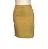 yellow, wool, two-piece jacket & skirt with black trim on four front pockets and on collar and cuffs. gold buttons down front.