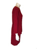 Red, two-piece skirt-suit. Jacket is hip length and has three quarter sleeves and pearlescent buttons. The skirt is straight and knee length.