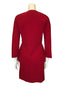 Red, two-piece skirt-suit. Jacket is hip length and has three quarter sleeves and pearlescent buttons. The skirt is straight and knee length.