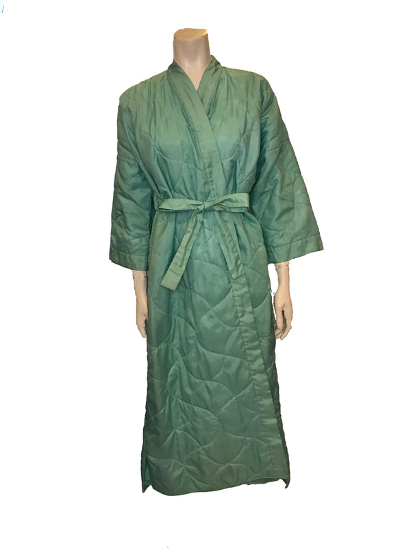 Front view of mannequin in a 1960s light turquoise quilted robe
