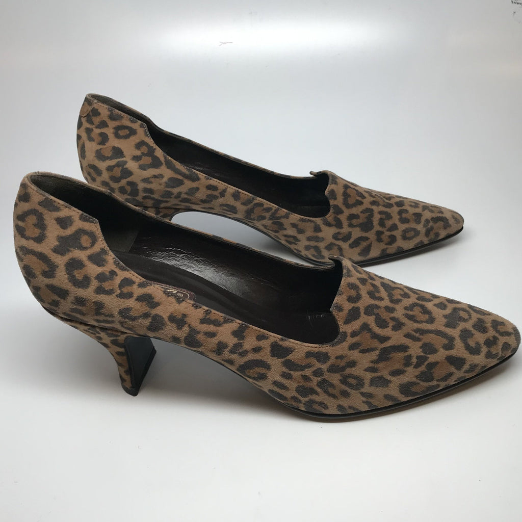 Side view of Peter Fox leopard print suede kitten heels