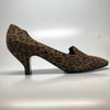 Side view of single Peter Fox leopard print high heel shoe