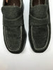 Closeup aerial shot of 1990s Stephane Kelian platform loafer shoes with fabric upper and leather trim 