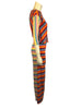 Asymmetrical, multicolor, striped, three-piece set. Three-quarter-sleeve shirt with vertical and diagonal stripes. Wide-leg pants with vertical and horizontal striped legs. 