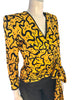 yellow silk long sleeve wrap blouse with black squiggle print and waist tie