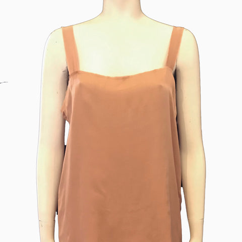 ( Front View) Sleeveless silk tunic top by Lanvin featuring a square neckline, boxy oversized fit, and a raw frayed hem. 