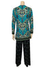 Back view of Blue patterned long sleeved tunic and pants set by Mr. Dino