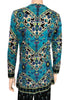 Closeup back view of Blue patterned long sleeved tunic and pants set by Mr. Dino