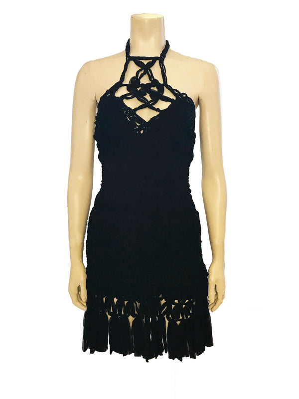 Front view of Dior woven black mini dress with a halter neck on a mannequin