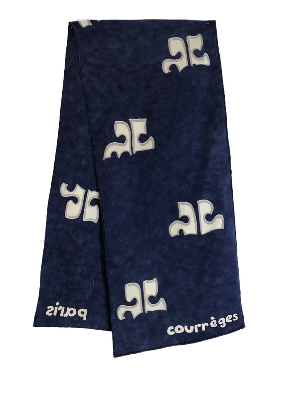 Navy blue oblong Courreges scarf with all over white logo print, folded in half