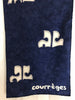 Navy blue oblong Courreges scarf with all over white logo print