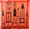 Coral and black silk scarf by Gene Meyer with a city motif