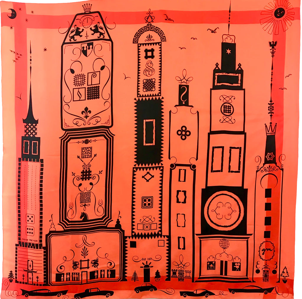 Coral and black silk scarf by Gene Meyer with a city motif