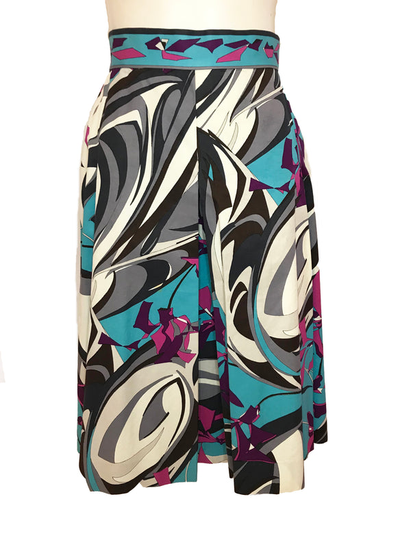 1960s blue, purple, pink, grey, black, and cream printed Emilio Pucci pleated midi Skirt