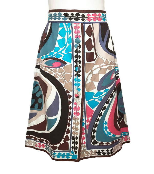 Blue, brown, pink, beige, cream, green, and black patterned, Emilio Pucci Midi skirt with 3-button detail down the front center