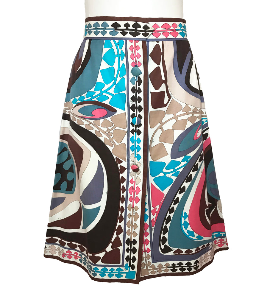 Blue, brown, pink, beige, cream, green, and black patterned, Emilio Pucci Midi skirt with 3-button detail down the front center