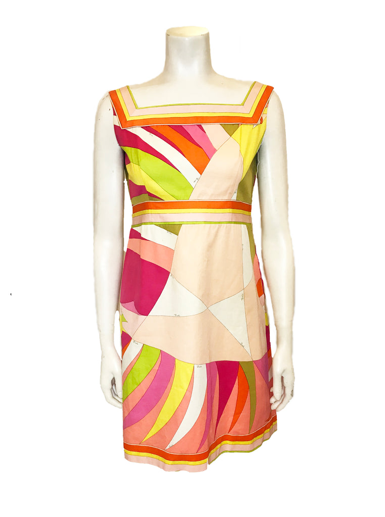 1960s Emilio Pucci square neck a-line mini dress with green, pink, orange, magenta, yellow, and white geometric pattern
