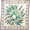 16 by 16 inch cream Emilio Pucci cotton scarf with purple grey and blue strings of flowers intertwined with green leafy vines bordered by a line of purple and blue flowers in between two purple lines