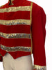 Red, band/military jacket with horizontal, gold-sequin stripes across the chest. Gold, fringe epaulette on right shoulder. 