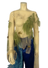 Two-piece set. Fishing-net shirt with extra-long sleeves, and green fabric & gold fish attached to the netting. Blue, asymmetrical, cropped pants with light-blue ���waves��� of fabric attached to one leg. 