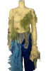 Two-piece set. Fishing-net shirt with extra-long sleeves, and green fabric & gold fish attached to the netting. Blue, asymmetrical, cropped pants with light-blue ���waves��� of fabric attached to one leg. 