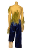 Two-piece set. Fishing-net shirt with extra-long sleeves, and green fabric & gold fish attached to the netting. Blue, asymmetrical, cropped pants with light-blue ���waves��� of fabric attached to one leg. 