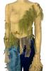 Two-piece set. Fishing-net shirt with extra-long sleeves, and green fabric & gold fish attached to the netting. Blue, asymmetrical, cropped pants with light-blue ���waves��� of fabric attached to one leg. 