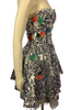Silver paillette, fit & flare, sleeveless dress with blue, red, green, & white, round, rhinestone appliques. Silver, pleated underskirt. 