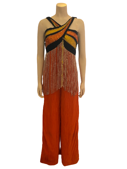 Costume orange rayon sleeveless jumpsuit with long plastic beads from bodice and beaded top 