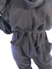 Dark-blue with metallic thread, long-sleeve jumpsuit. Top has extra fabric that wraps the body. Pants have straight leg