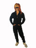 Black, wool, zip-up, long-sleeve jumpsuit with belt-loops and pockets.  