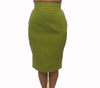 Lime-green, high-waisted pencil-skirt with darting. 