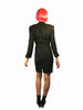 Black, long-sleeve, v-neck, mini-dress with black, abstract, flame appliques at the front-chest and back of the dress. Red, silk lining. 