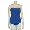 1980s Women's blue and white vertical striped tube top and matching swim bottoms shown on a mannequin form
