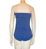 1980s Women's blue and white vertical striped tube top and matching swim bottoms shown on a mannequin form