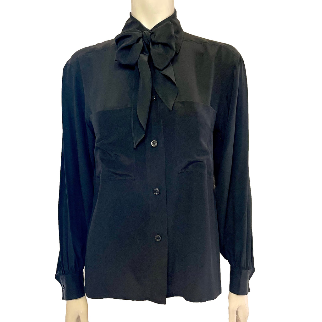 Long sleeve black silk blouse with bow at the neck