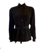 Long sleeve black silk blouse with sash at waist