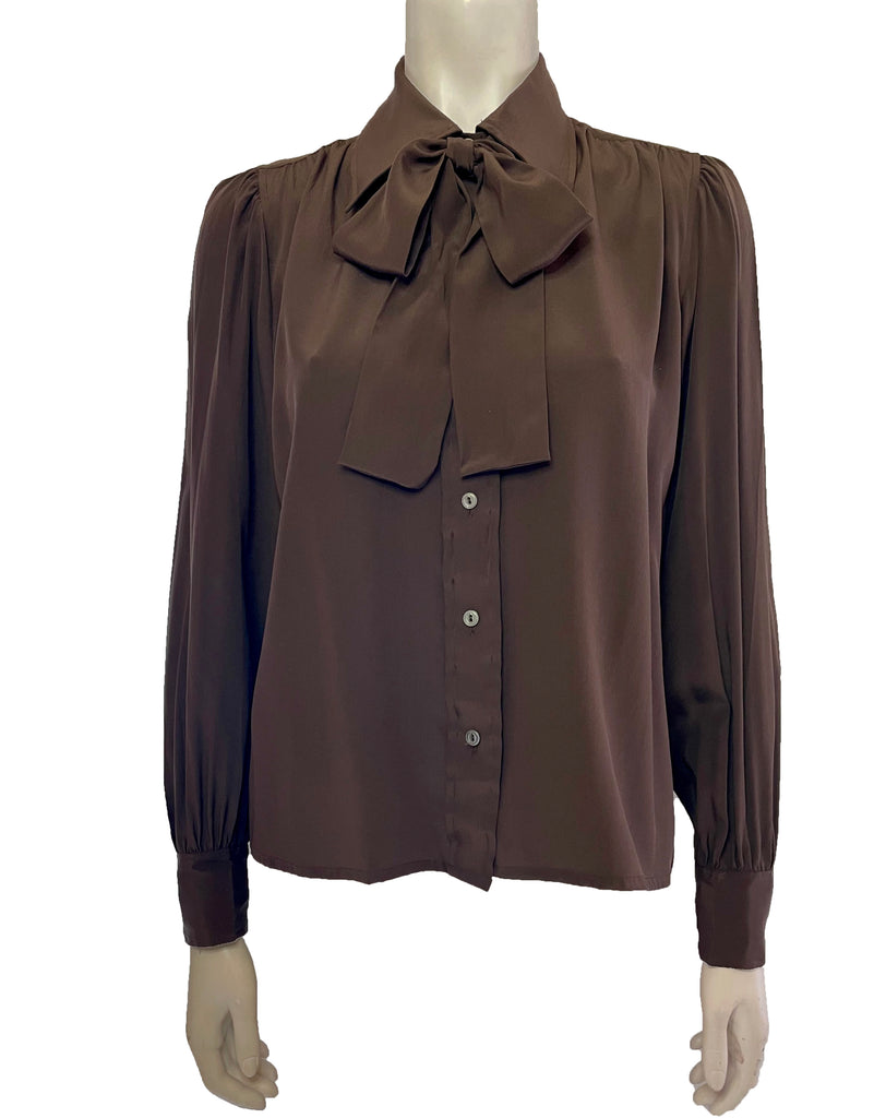 long sleeve brown silk blouse with bow at the neck