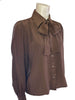 long sleeve brown silk blouse with bow at neck