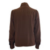 back view of long sleeve brown silk blouse with bow at neck