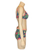 blue, pink, and green floral print bikini on a mannequin form