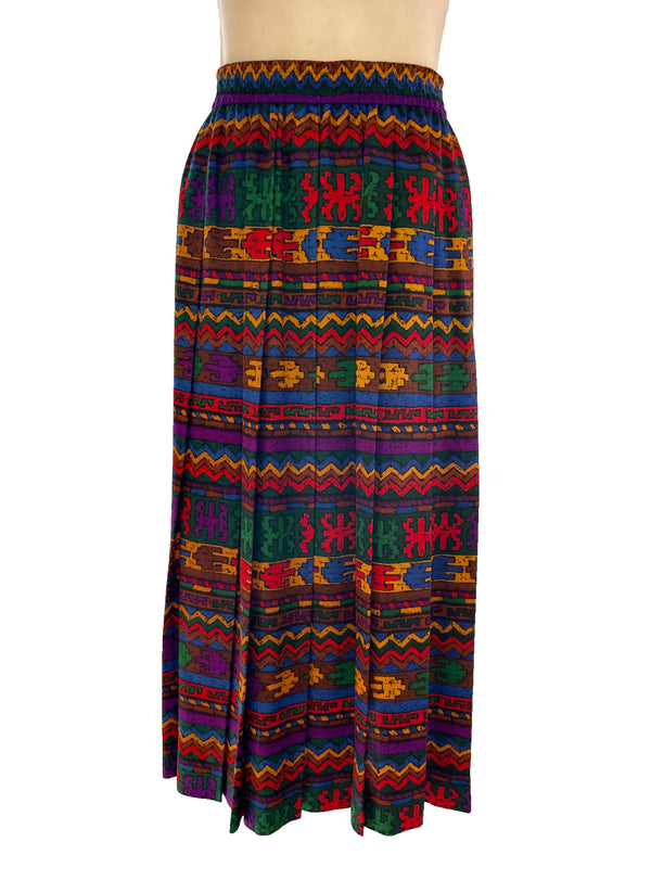 Tribal patterned pleated mid length skirt