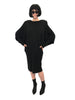 Black, stretch, dolman-sleeve, above-the-knee dress with oversized shoulder-pads. 